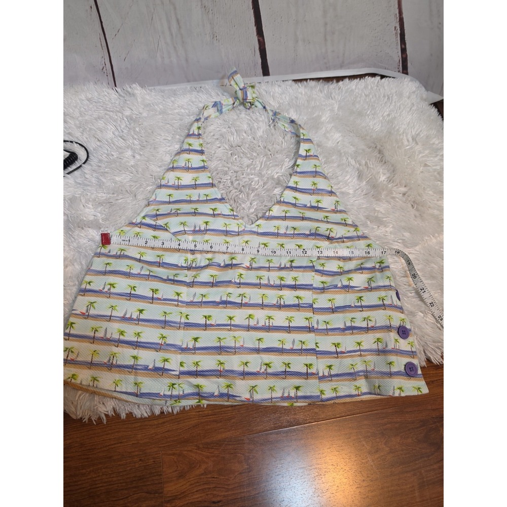 Weekend Traffic Womens XL Halter Top Tropical Palm Tree Beach Print Blue Green